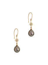 Load image into Gallery viewer, 14k gold & diamond north star ear-drops with tahitian pearl